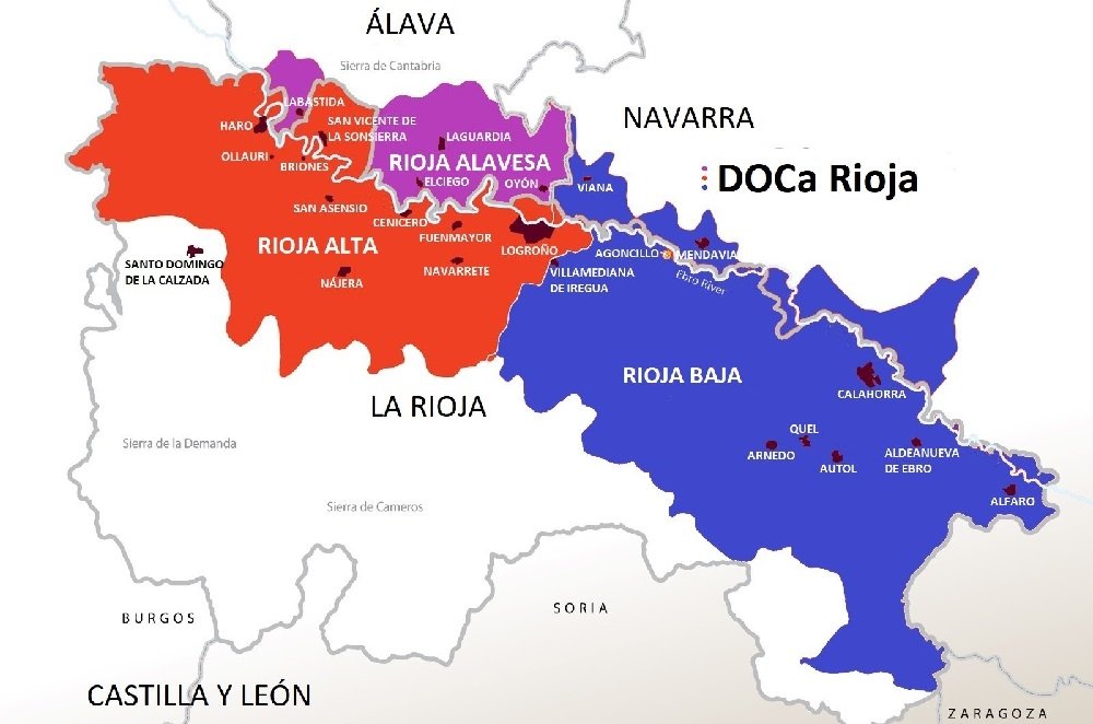 DOCA Rioja - terytorium apelacji wina z podziałem na podregiony