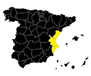 Wspólnota Walencjańska - mapa przedstawiająca trzy prowincje należące do regionu Comunidad Valenciana w Hiszpanii